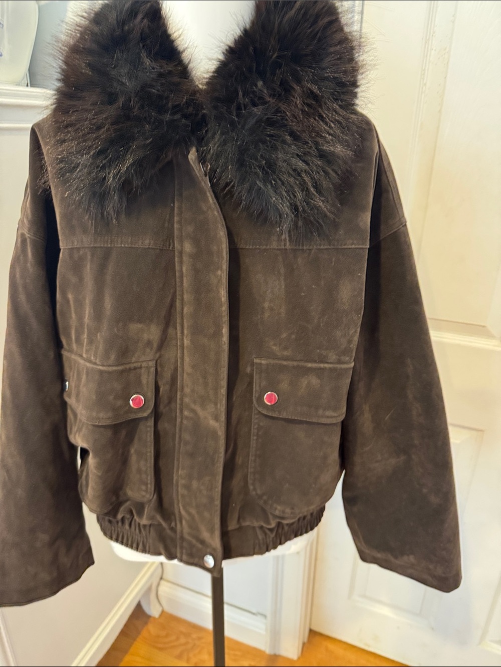 Brown faux Suede Fur-Collar Women's Jacket